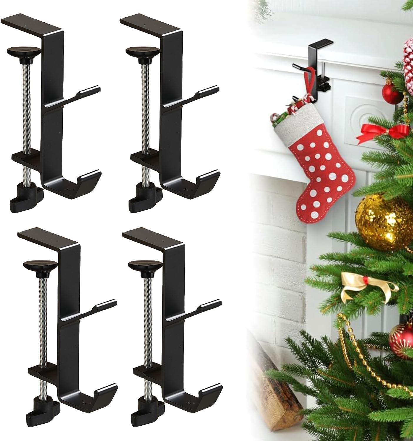Guojanfon Garland and Stocking Mantel Holders with 2 Hooks, Mantel Hanger for Garland, 2 in 1 Mantel Garland and Stocking Hangers Heavy Duty, Fireplace Garland Hanger for Xmas Decoration (4Black)