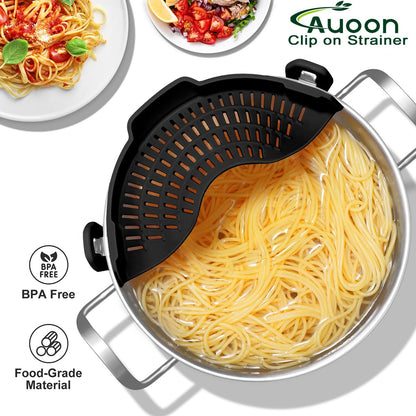 AUOON Clip On Strainer Silicone for All Pots and Pans, Pasta Strainer Clip on Food Strainer for Meat Vegetables Fruit Silicone Kitchen Colander