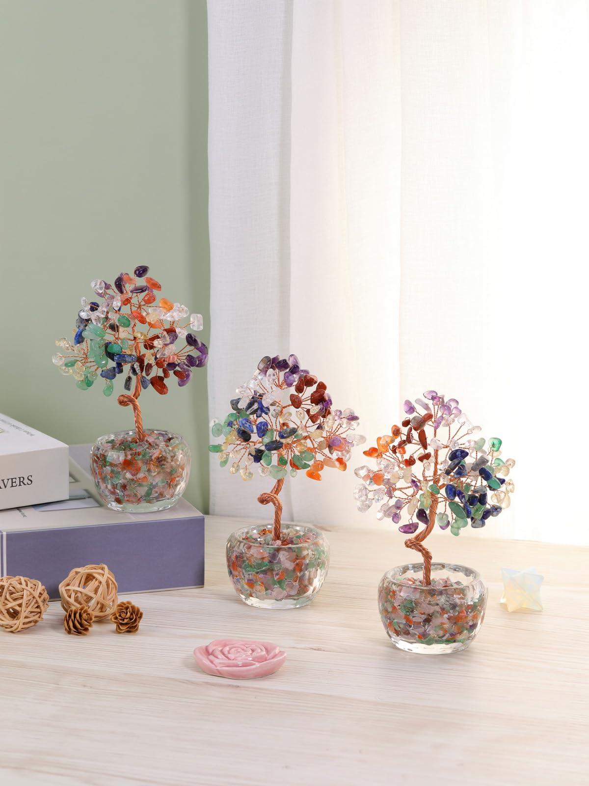 MANIFO 7 Chakra Crystal Tree Stones Tree with Glass Base Gemstone Trees for Positive Energy Office Decor Fengshui Tree Gift