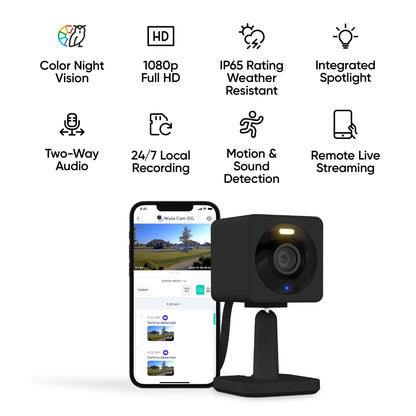Wyze Cam OG Indoor/Outdoor 1080p Wi-Fi Smart Home Security Camera with Color Night Vision, Built-in Spotlight, Motion Detection, 2-Way Audio, Compatible with Alexa & Google, White, Free Expert Setup