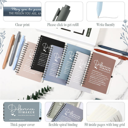 Resurhang 20 Sets Difference Maker Employee Appreciation Gifts Bulk Inspirational A6 Spiral Notebooks Journal with Ballpoint Pens for Social Worker Volunteer Coworker Staff Team Gifts (Neutral Colors)