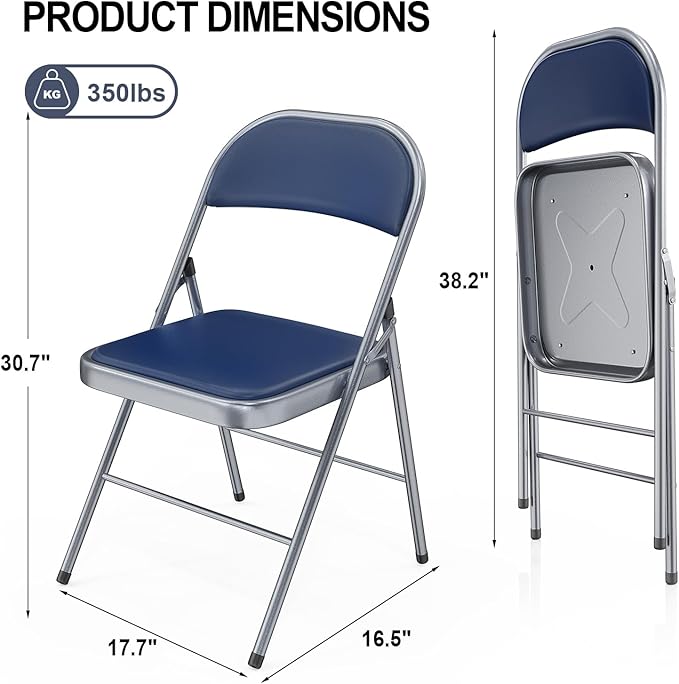 VINGLI 4 Pack Folding Chairs with Padded Seats, Metal Frame with Pu Leather Seat & Back, Capacity 350 lbs, Blue