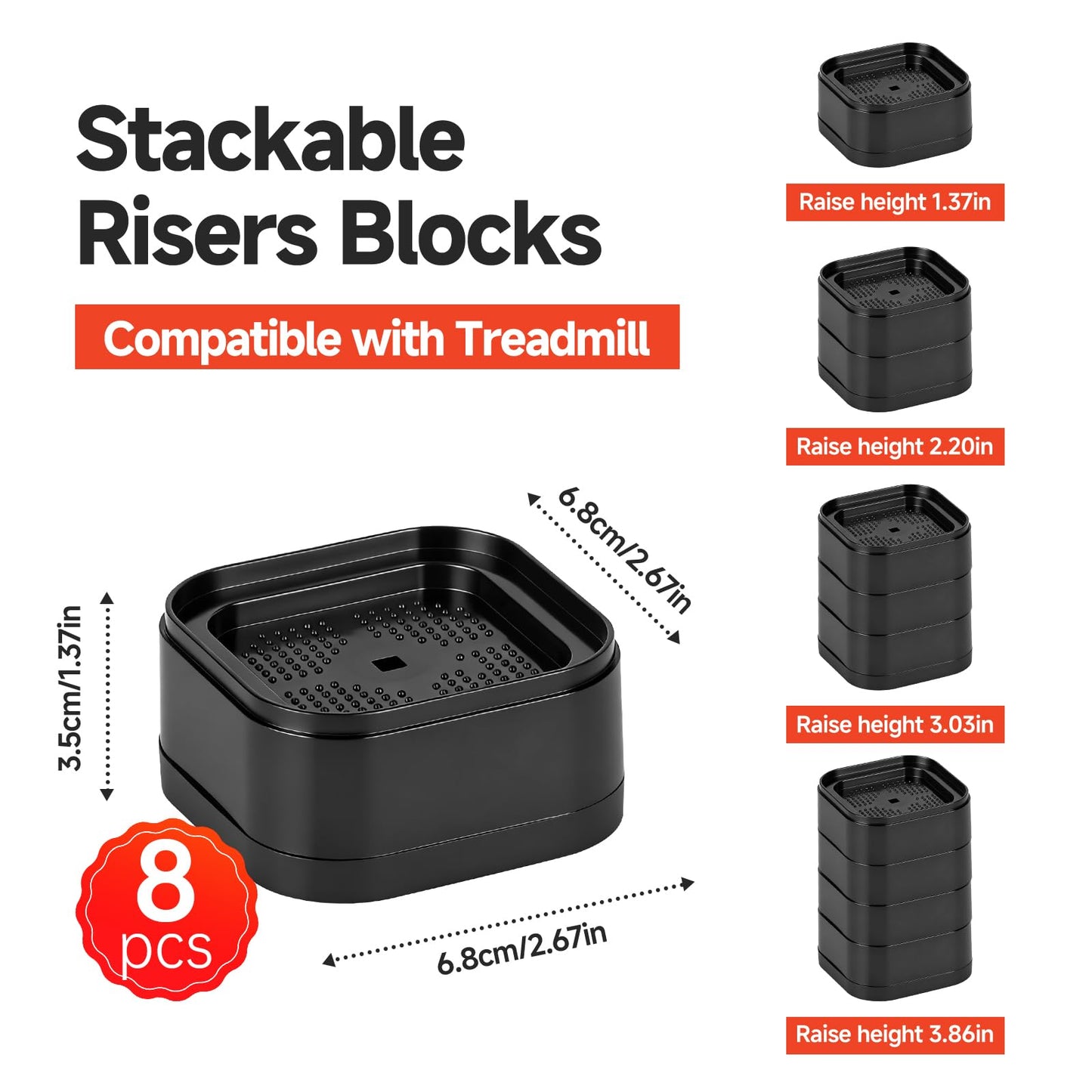 Piszvbej 8-Pack Treadmill Incline Riser Blocks, Stackable Treadmill Riser Incline Blocks, Adjustable Height Block for Leveling and Uphill Workout, Non-Slip Durable Support Blocks, for Home and Gym