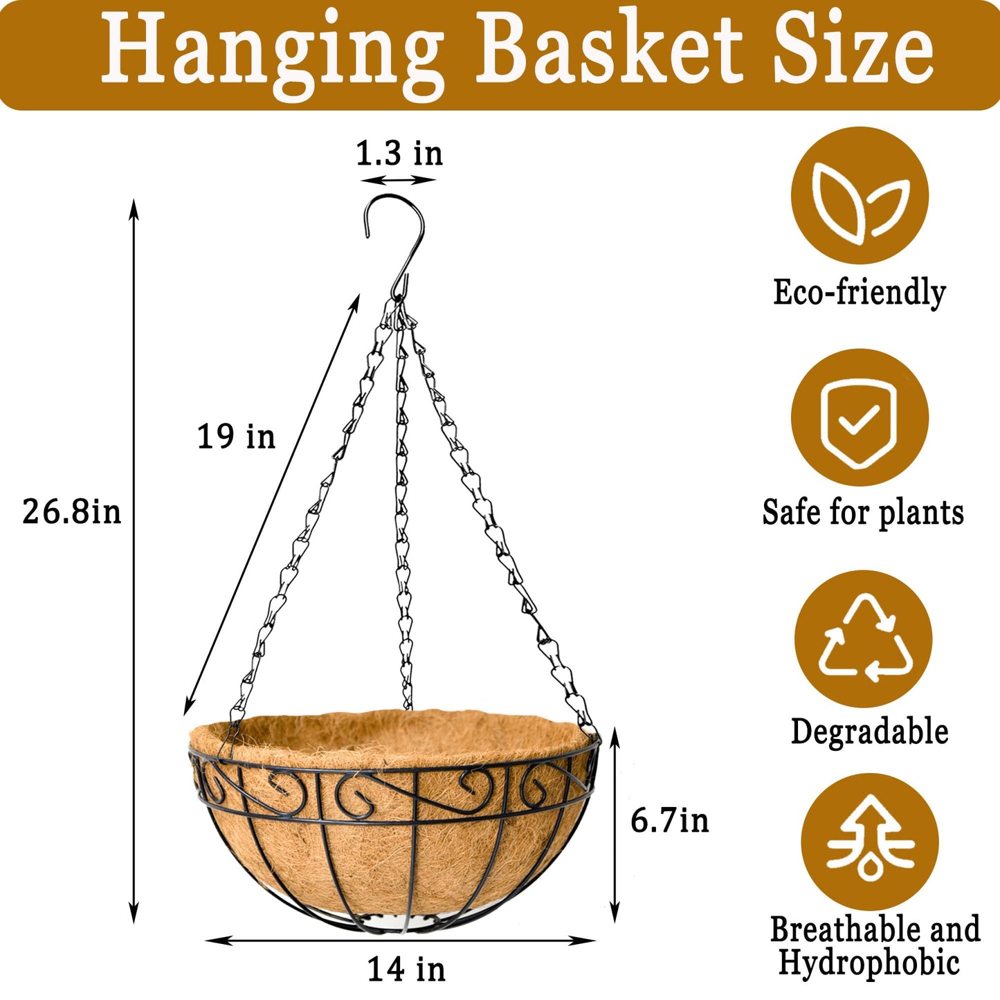 SMYAXUNW 4 Pack Hanging Planters 14 Inch Metal Hanging Planter Basket Flower Pots with Coco Coir Liners Round Wire Plant Holder with Chain for Indoor Outdoor Patio Porch Garden Decoration（HB）