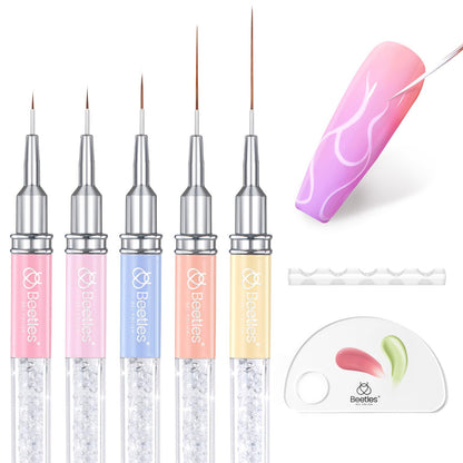 Beetles Nail Art Brushes 8pcs – Crystal Nail Art Tools 5pcs Double-headed Nails Dotting Tool, 3pcs Striping Liner Brushes for Nails with Pearls Bowknot Stickers, DIY Home Salon Manicure Design Tools
