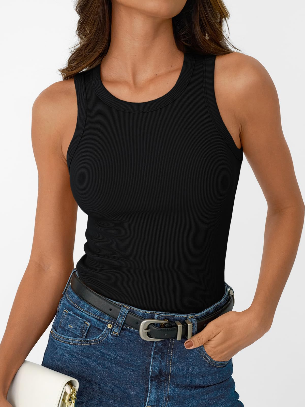 SUNBS 3 Pack Womens Tank Summer Tops 2025 Sleeveless Racerback Ribbed Workout High Neck Basic Trendy Going Out Beach Fashion Outfits Clothes BlackWhiteGrey M