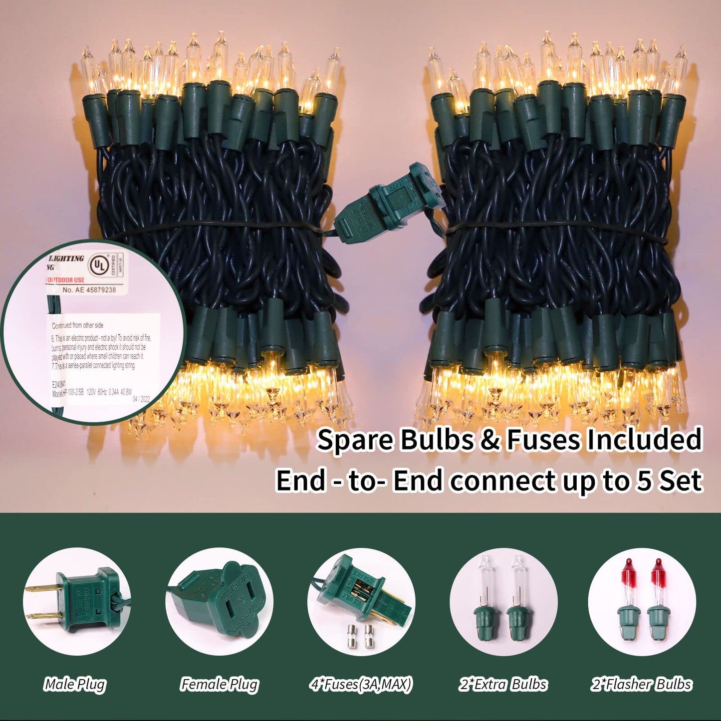 LAMPHOME Clear Warm White Christmas String Lights, 100 Count 19.6Ft Incandescent Mini Lights, Green Wire Waterproof Indoor Outdoor String Lights for Xmas Tree, Garland & Holiday Party Decor