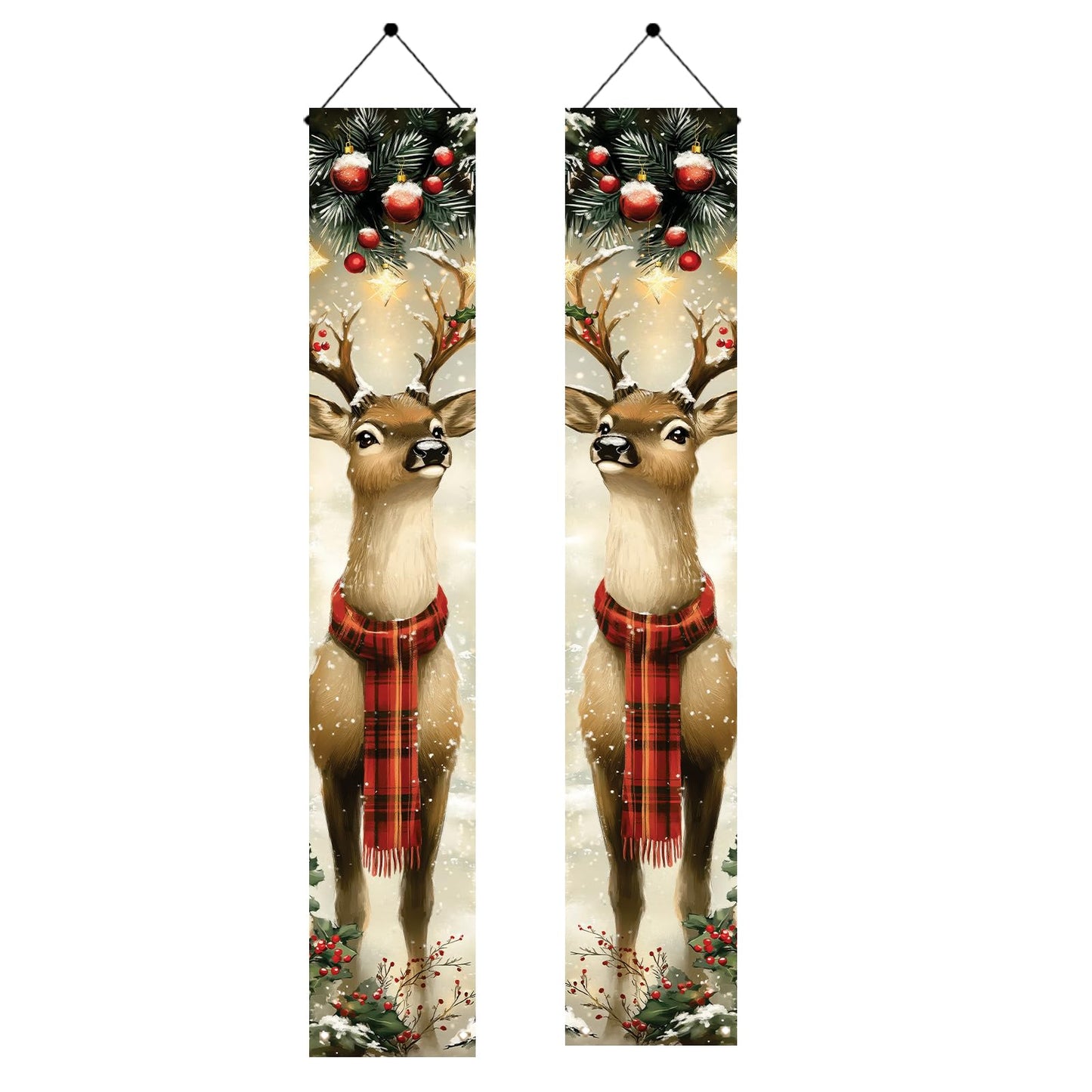 Saoplasa 2PCS Christmas Porch Banner Reindeer with Scarf Vertical Hanging Decorations for Front Door Outdoor Winter Holiday Welcome Sign Plaid Deer Wall Decor Xmas Entryway Background 71 x 12 Inch