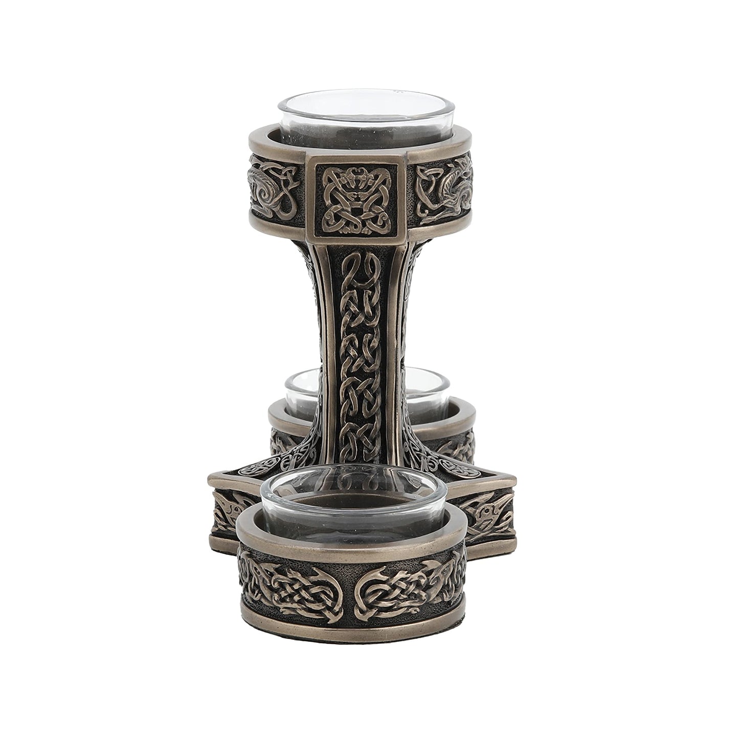 Veronese Design 4 7/8 Inch Tall Mjolnir Hammer of Thor Triple Head Tealight Candle Holder Viking Nordic Decor Cold Cast Bronzed Resin Sculpture