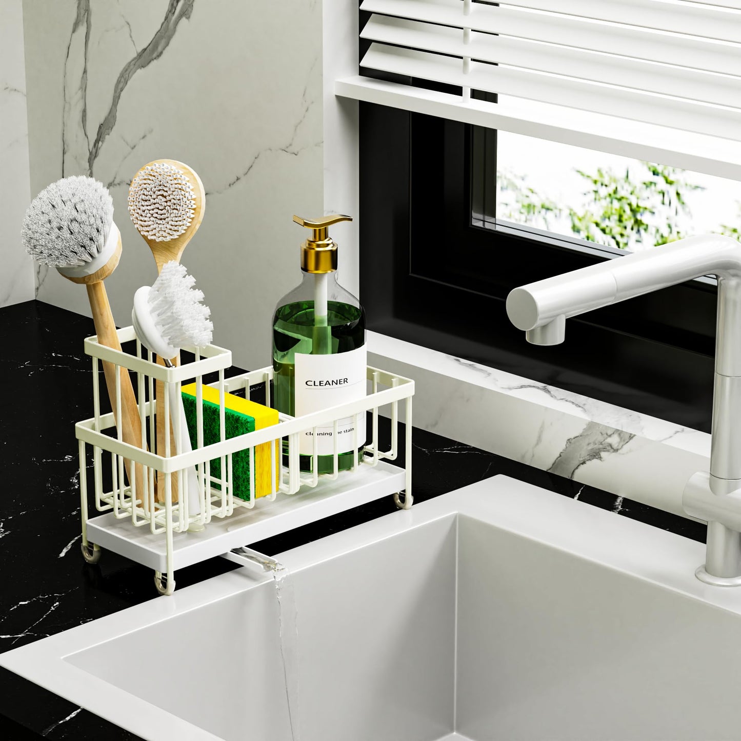 Cisily Black Sponge Holder for Kitchen Sink, Sink Caddy Organizer with High Brush Holder, Kitchen Countertop Organizers and Storage Essentials, Rustproof 304 Stainless Steel, Soap Dispenser Organize