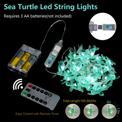 JASHIKA Beach Theme -Cute Green Sea Turtle String Lights- Ocean Fairy Decorative Lights- 10ft 30 LEDs -USB Powered -Multi-Function- Remote Control-Christmas -House Party- Bathroom -Baby Shower Decor
