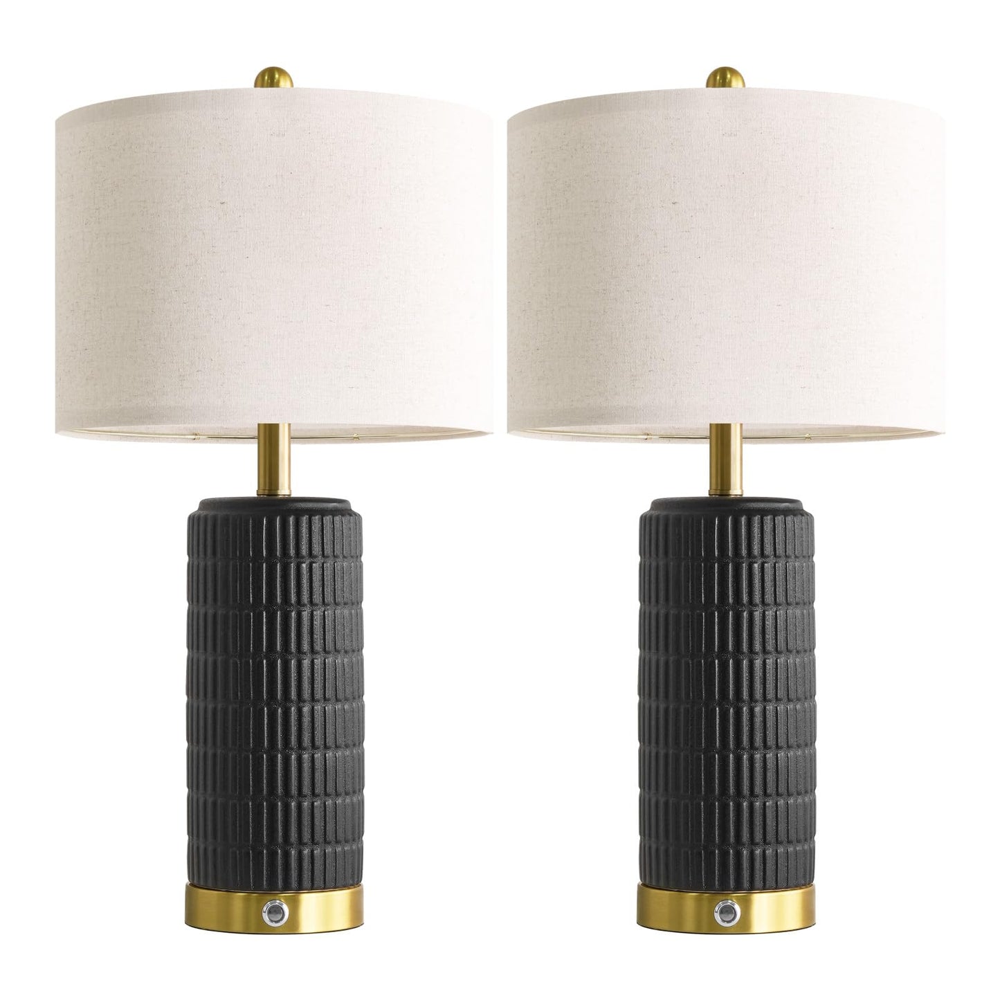 PoKat Ceramic Table Lamps Set of 2 for Living Room, 25'' Modern Touch Bedside Lamps for Bedroom with 2 USB Ports, Farmhouse Black Matte-Textured Nightstand Lamps Office Home Decor (Bulbs Included)