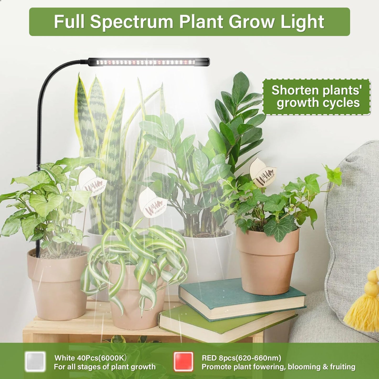Grow Lights for Indoor Plants, 6000K Full Spectrum Plant Growth Light, Plant Lights for Indoor Growing 5 Level Dimmable & Auto Timer, Adjustable Gooseneck Grow Lamp 2 Pack