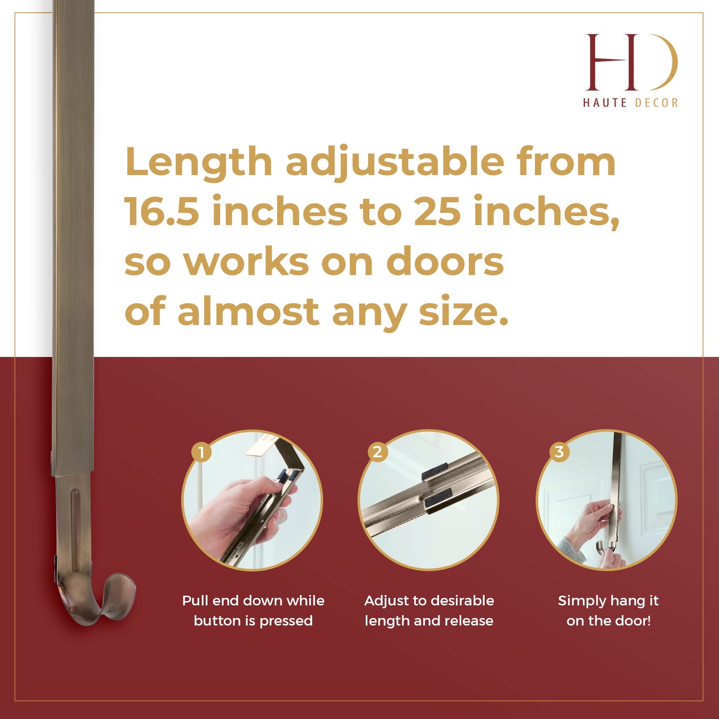 Haute Decor Adapt Adjustable Length Over The Door Wreath Hanger with Removable Icon (Antique Brass - Reindeer) for Christmas and Winter Holidays