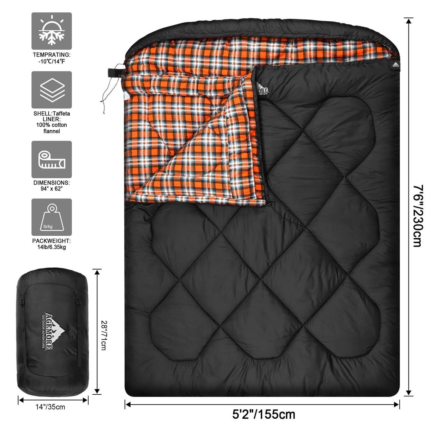 AGEMORE 0 Degree Double Sleeping Bag for Adults, Cotton Flannel Lined 2 Person Queen Size Sleeping Bag for Winter, Double Wide & Warm for Family Couples Camping Or RV Traveling