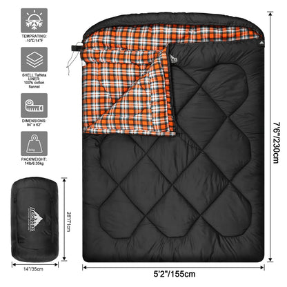 AGEMORE 0 Degree Double Sleeping Bag for Adults, Cotton Flannel Lined 2 Person Queen Size Sleeping Bag for Winter, Double Wide & Warm for Family Couples Camping Or RV Traveling