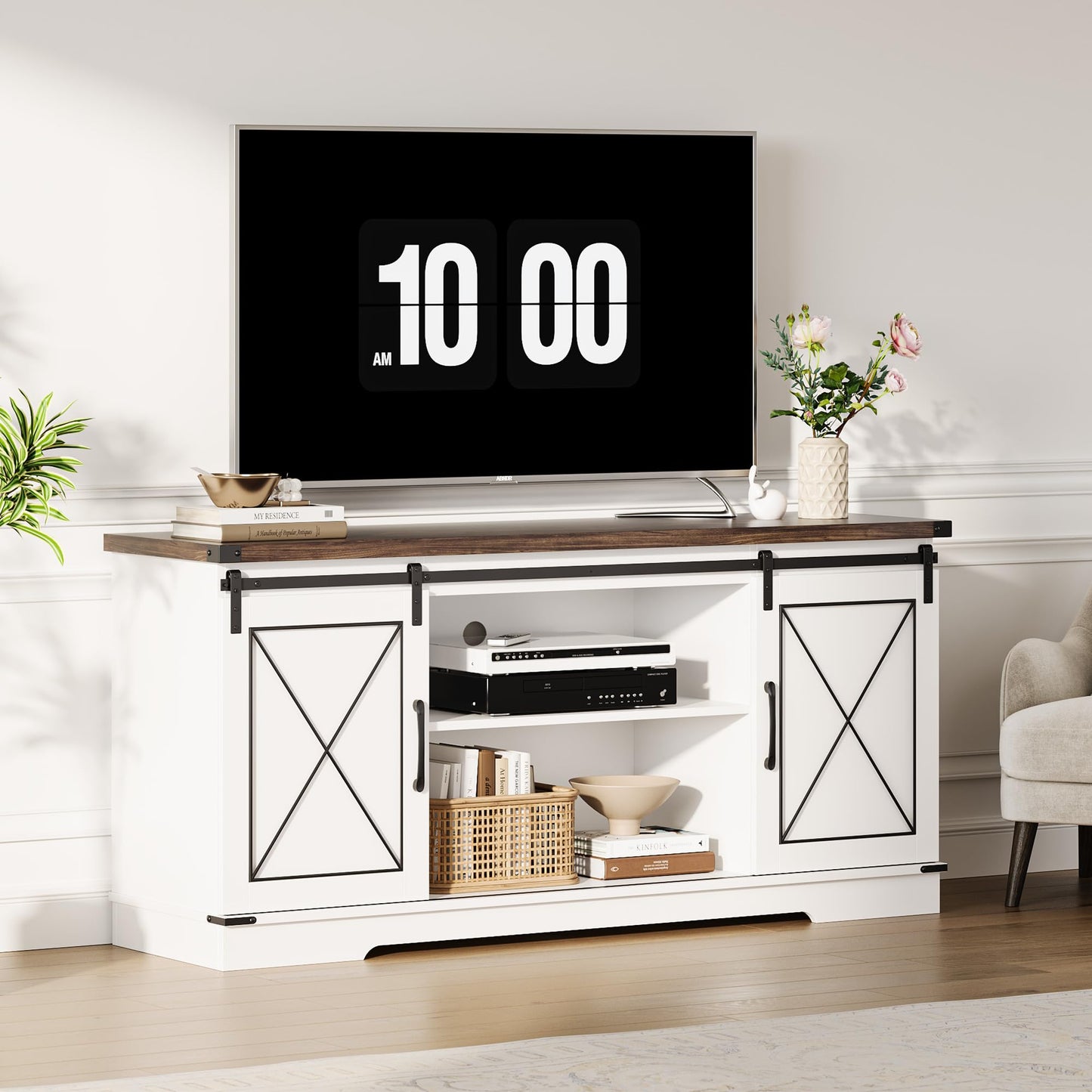 IDEALHOUSE Farmhouse TV Stand and Entertainment Center for Tv up to 65 inches with Sliding Barn Doors, Tv Media Console Table with Storage Cabinet for Living Room, White & Brown
