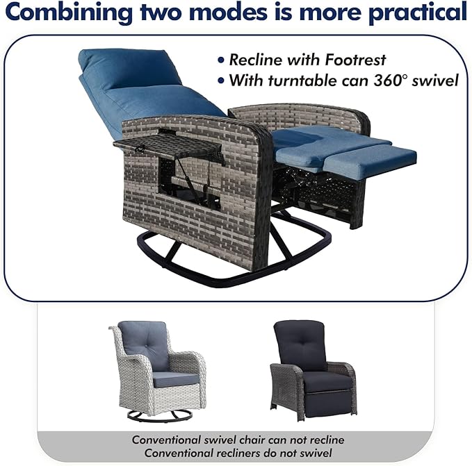 Outdoor Recliner Chair, Wicker Patio Recliners with Adjustable Backrest and Extended Foot Rest, Reclining Patio Chairs with Flip Table & Removable Cushion Cover for Porch