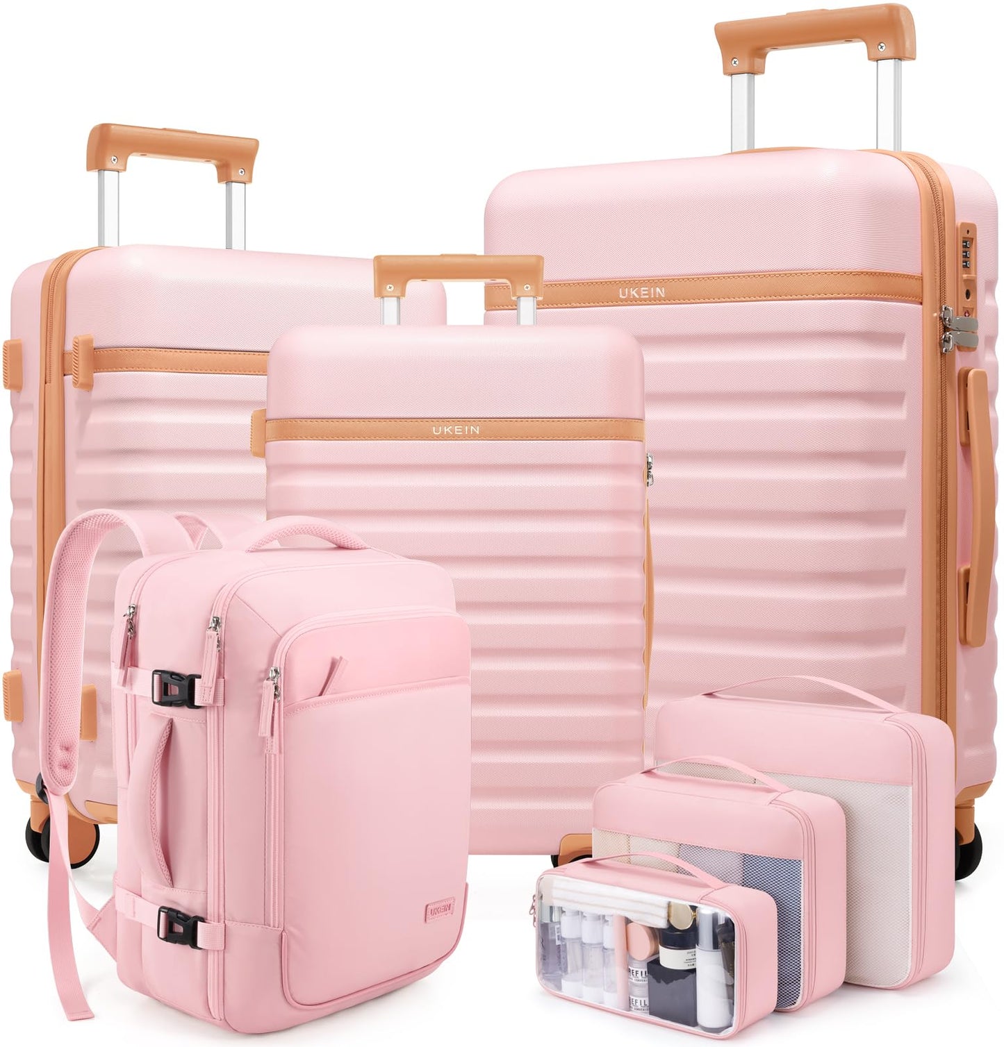 UKEIN PRO Luggage Sets 7 Piece, Durable Hardside ABS Carry on Luggage with Spinner Wheels & YKK Zipper TSA Lock, Large Checked Travel Suitcase With Backpack Set for Men and Women,20/24/28 Inch