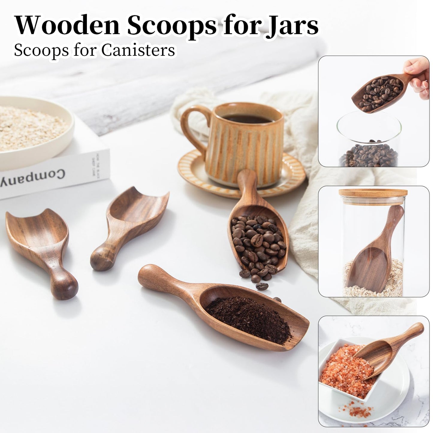 NLHL Big Wood Coffee Scoops - Acacia Wooden Scoops for Jars & Canisters, Multi-Purpose Measuring Spoons for Ground Coffee Powder, Flour, Oats, Bath Salt, Laundry Detergent Kitchen and Bath Use (4Pack)