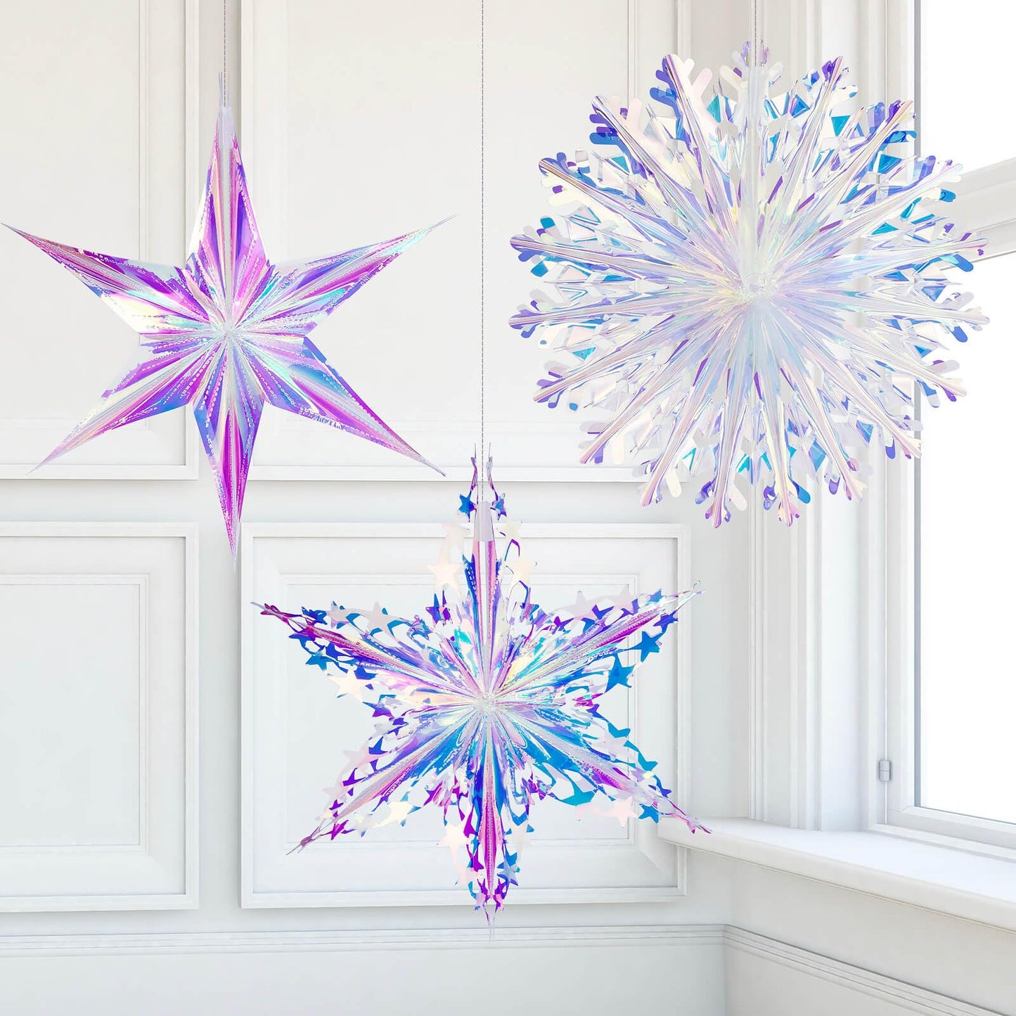 Vomika 3Pcs Iridescent Snowflakes Hexagram Stars Hanging Ornaments