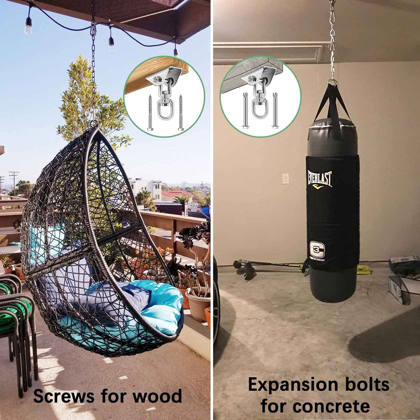 weiatas Hammock Chair Hanging Hardware Kit with Chain and Spring, Heavy Duty Porch Swing Hanger, 360 Swivel Ceiling Hooks for Punching Bag,Gym