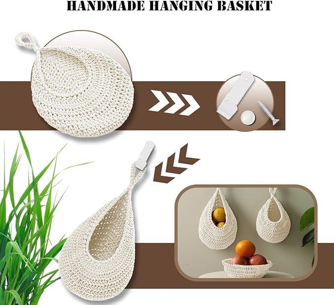 Hanging Fruit Basket Set of 3, Boho Wall Hanging Storage Basket