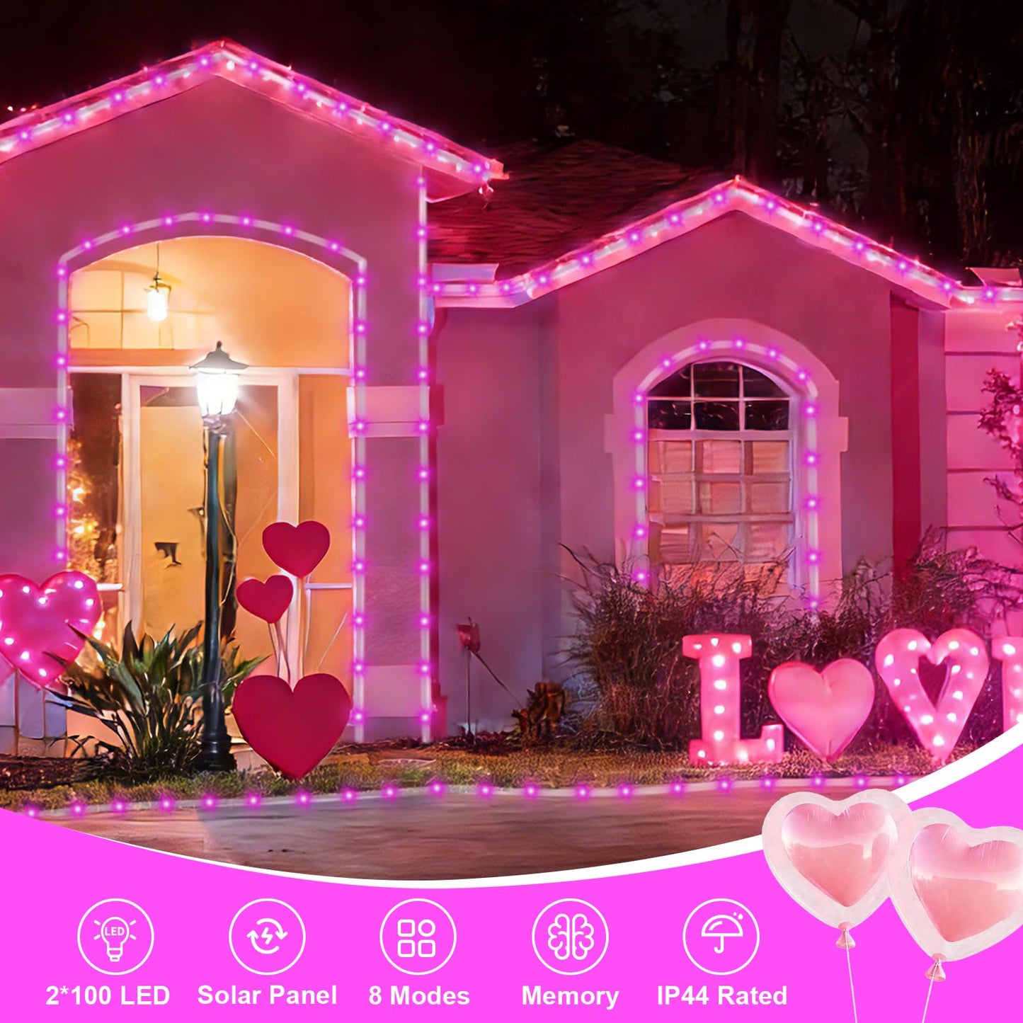 QITONG Pink Solar Rope Lights Outdoor, 2 Pack Each 33ft 100 LED String Light, 8 Modes Fairy Lights in Clear Thin Tube with 8 Modes