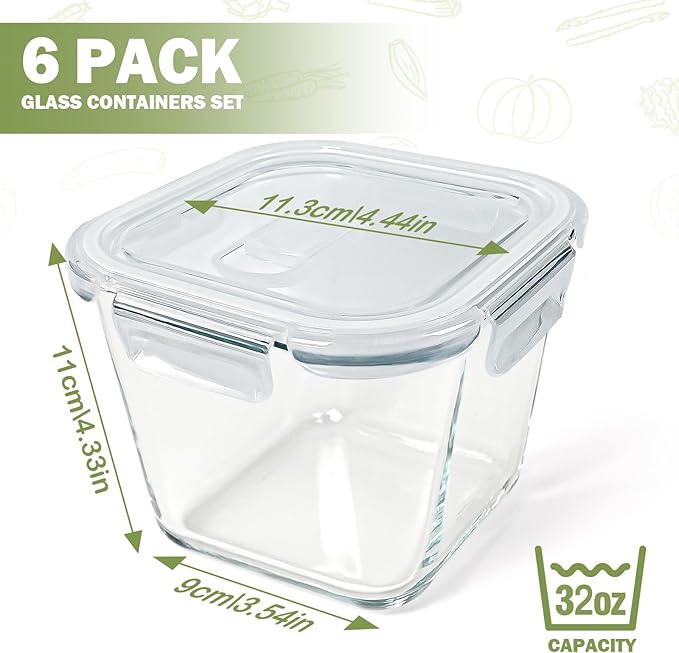Glass Soup Containers with Lids 32 oz, 4 Cup Glass Storage Containers, Tall