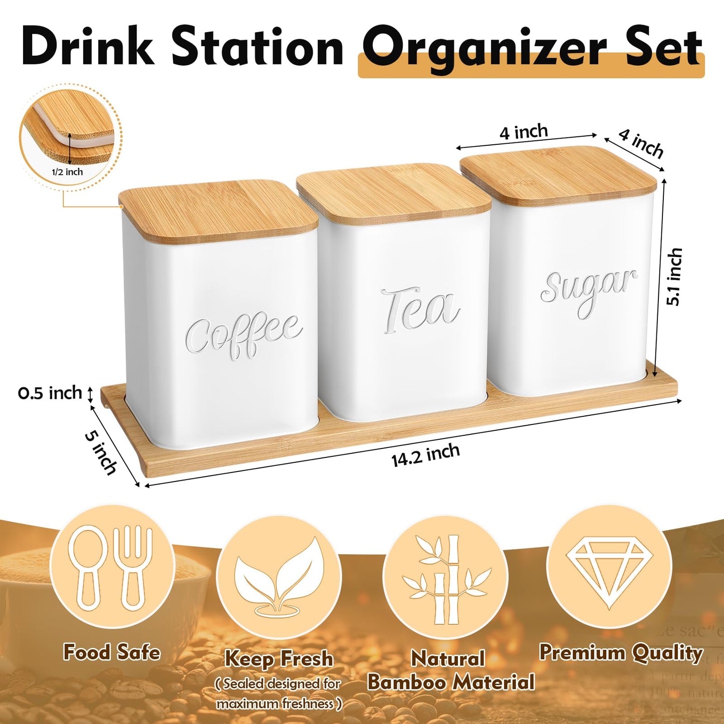 Bokon Set of 3 Coffee Tea Sugar Canisters with Bamboo Lid Tray Airtight Metal Food Storage Containers Jars Decorative Kitchen Canisters Farmhouse Bar Coffee Jars Organization for Countertop(White)