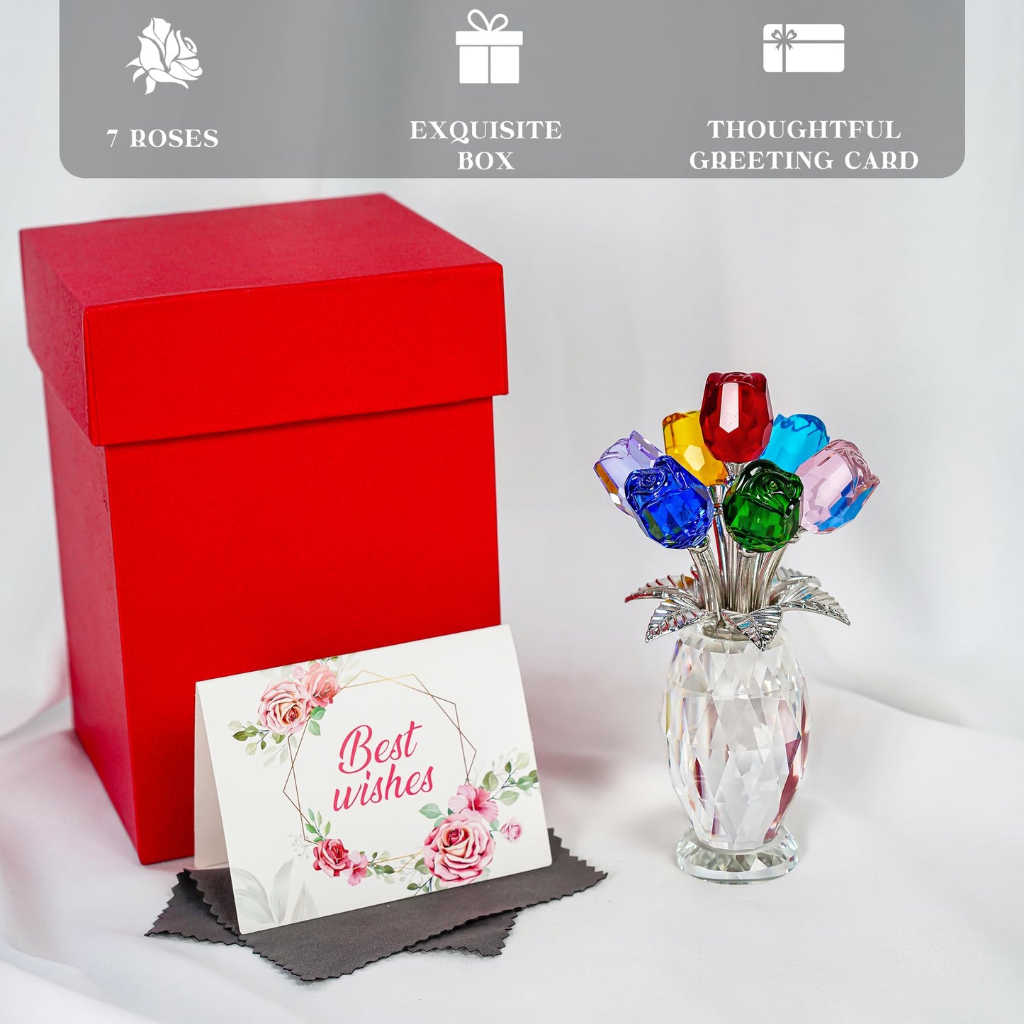 H&D HYALINE & DORA Colorful Crystal Rose Figurine - Rose Flower Gifts for Women - Wedding Party Collectible Figurines - Gift Box Included