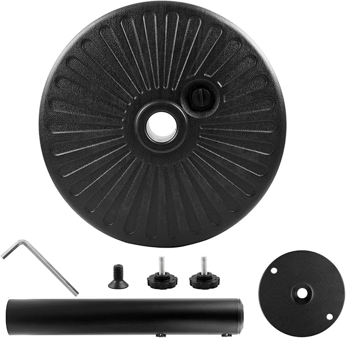 50LBS Round Umbrella Base Water Filled with Steel Umbrella Holder, Heavy Duty Fillable Umbrella Base Stand for Outdoor, Patio, Lawn, Garden (Black) (Stripes)