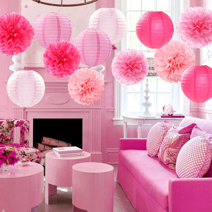 Light-Hot Pink Party-Decorations Paper-Flowers Lanterns - 15pcs Graduation Girl Birthday Decor Tissue Pom Poms Streamers, Bridal Baby Shower Wedding Bachelorette Valentine Hanging Supplies Hugfond
