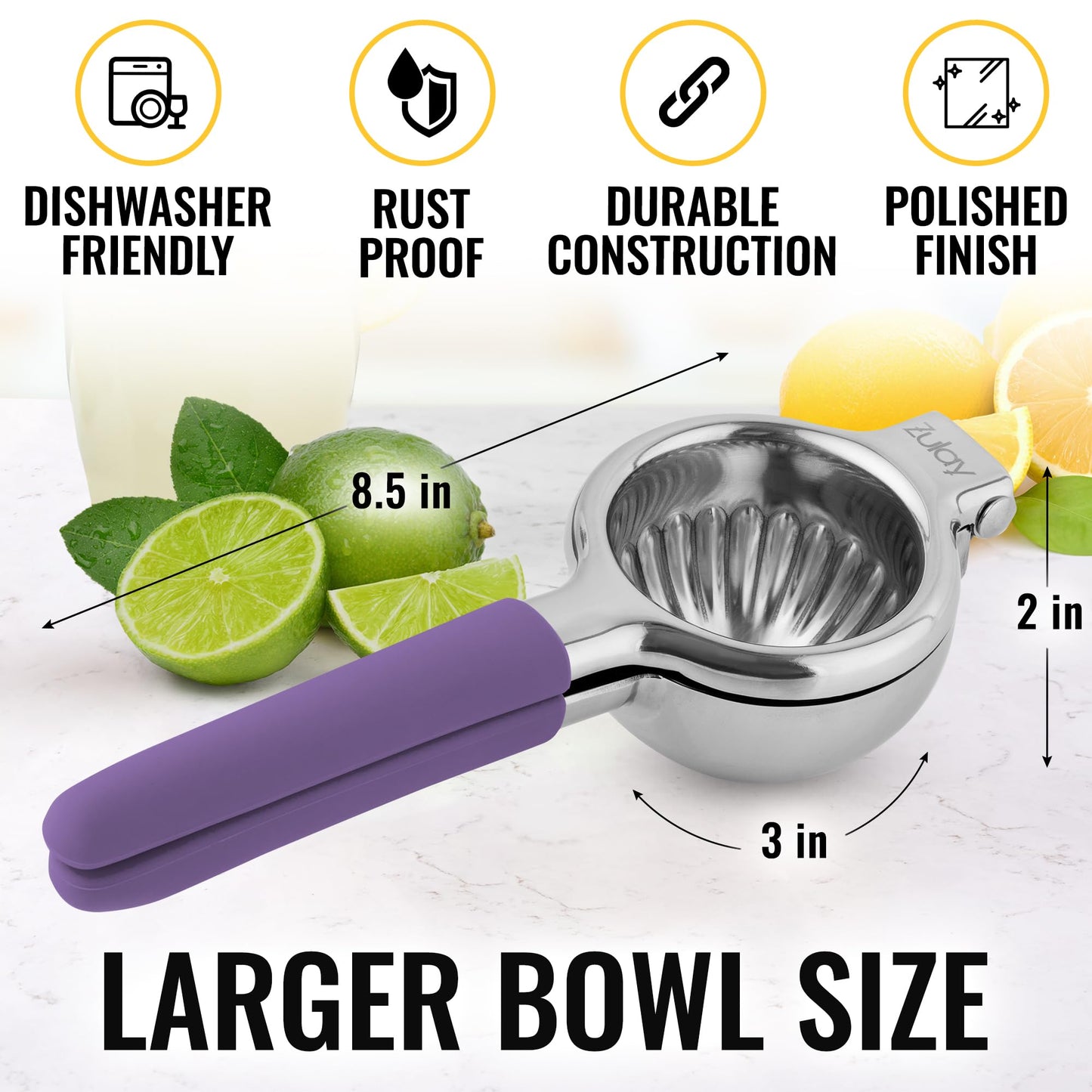 Zulay Lemon Squeezer Stainless Steel with Premium Heavy Duty Solid Metal Squeezer Bowl (Black Grip, Large)