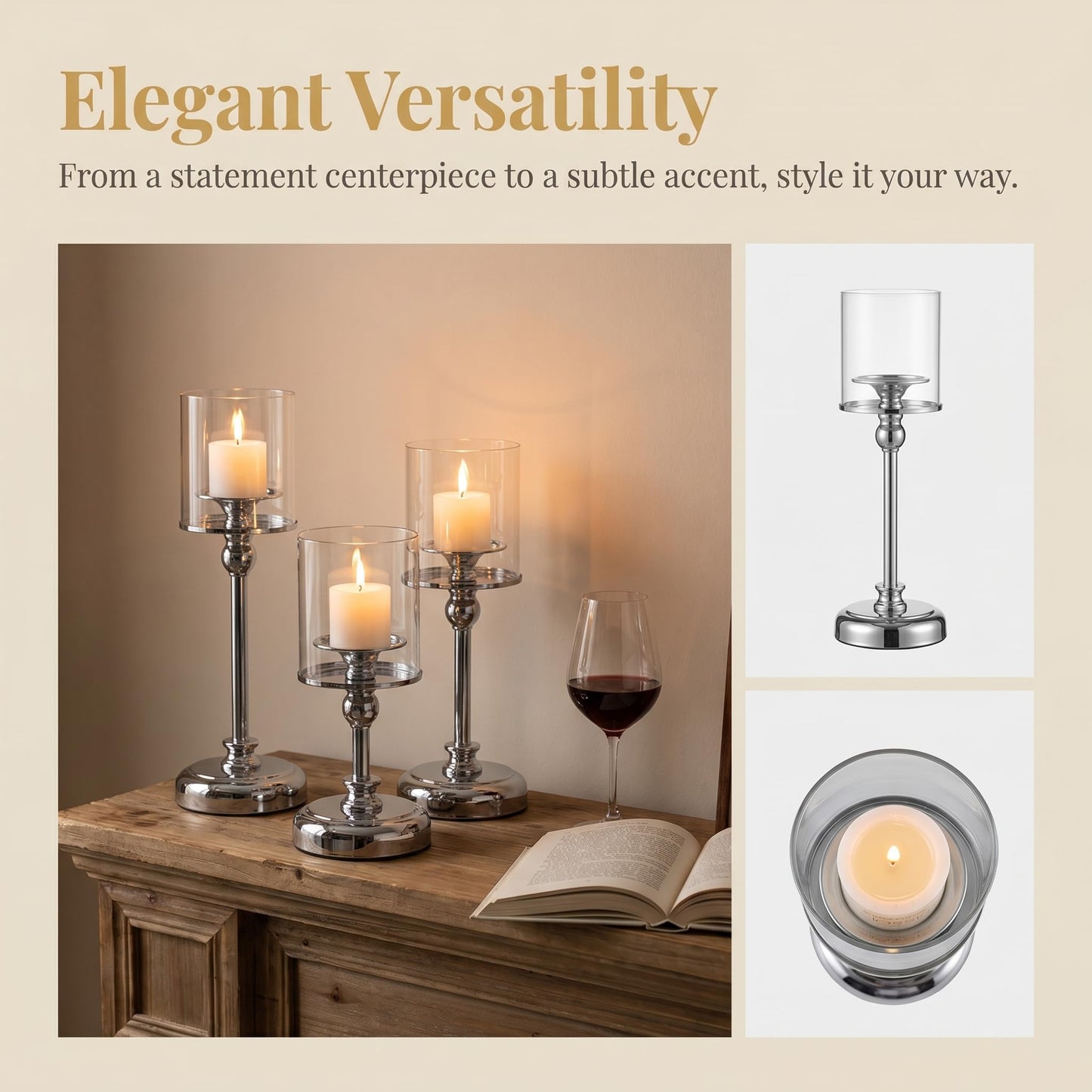 Oakernel Sliver Hurricane Candle Holders - Set of 6 Tall Candlestick Holders Windproof Taper Candle Holders, Metal Stand for Table Centerpiece Outdoor Indoor Wedding Party Holiday Decor