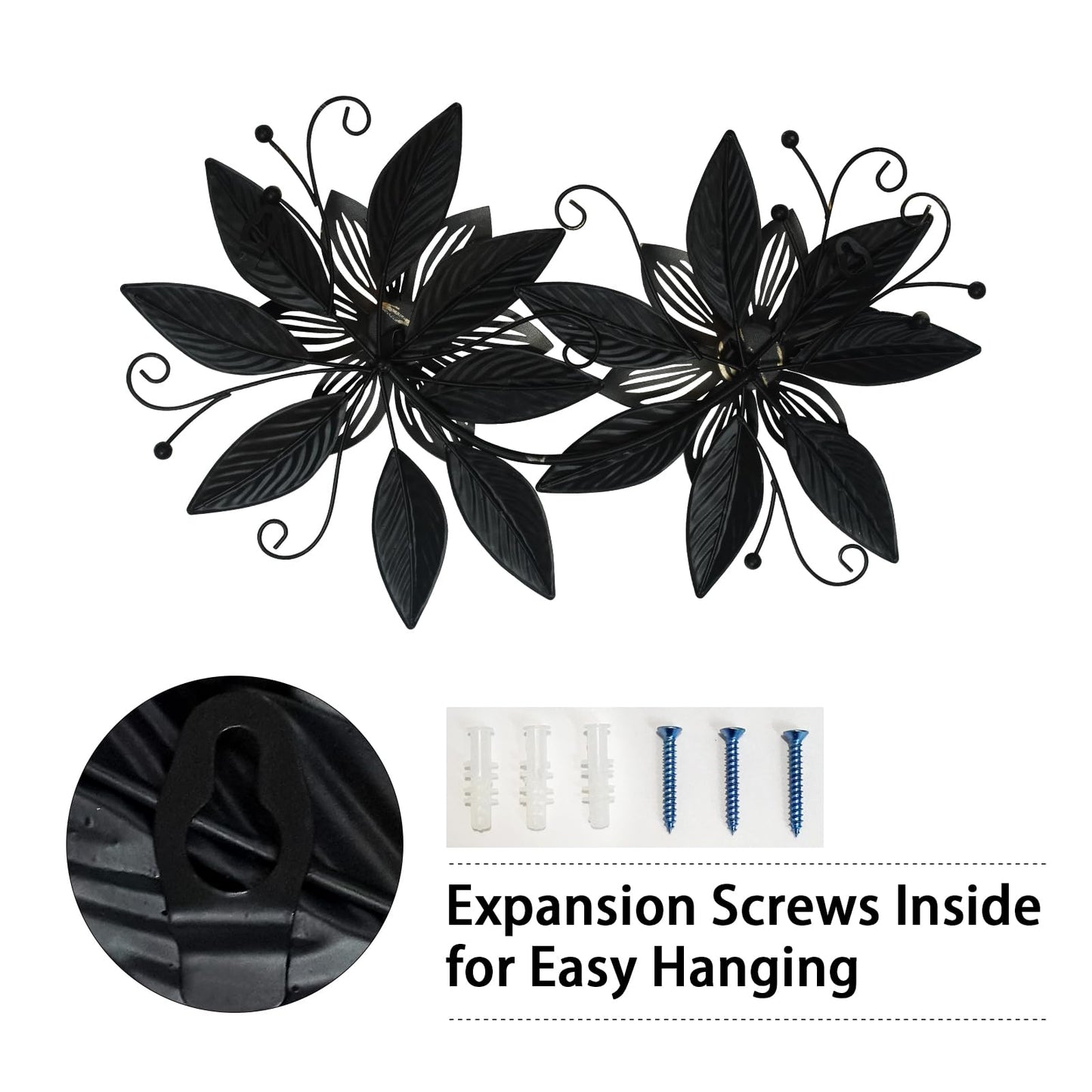 LIFFY Black Wall Decor,15" 3D Multi-layer Metal Flowers Wall Decor, Rustic Modern Floral Sculpture for Indoor Kitchen Bedroom Living Room Office Outdoor Garden Patio
