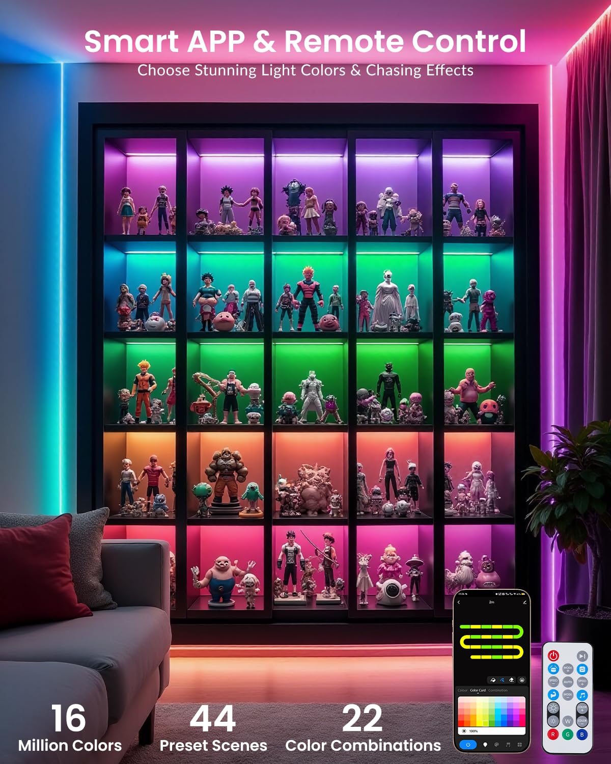 Pak LED Strip Lights 105ft, RGBIC Color Changing Smart Lights with App, Remote & Voice Control, Music Sync, 64 Scenes, Flexible, DIY Cuttable, Easy Installation for Bedroom, TV, Gaming, Party