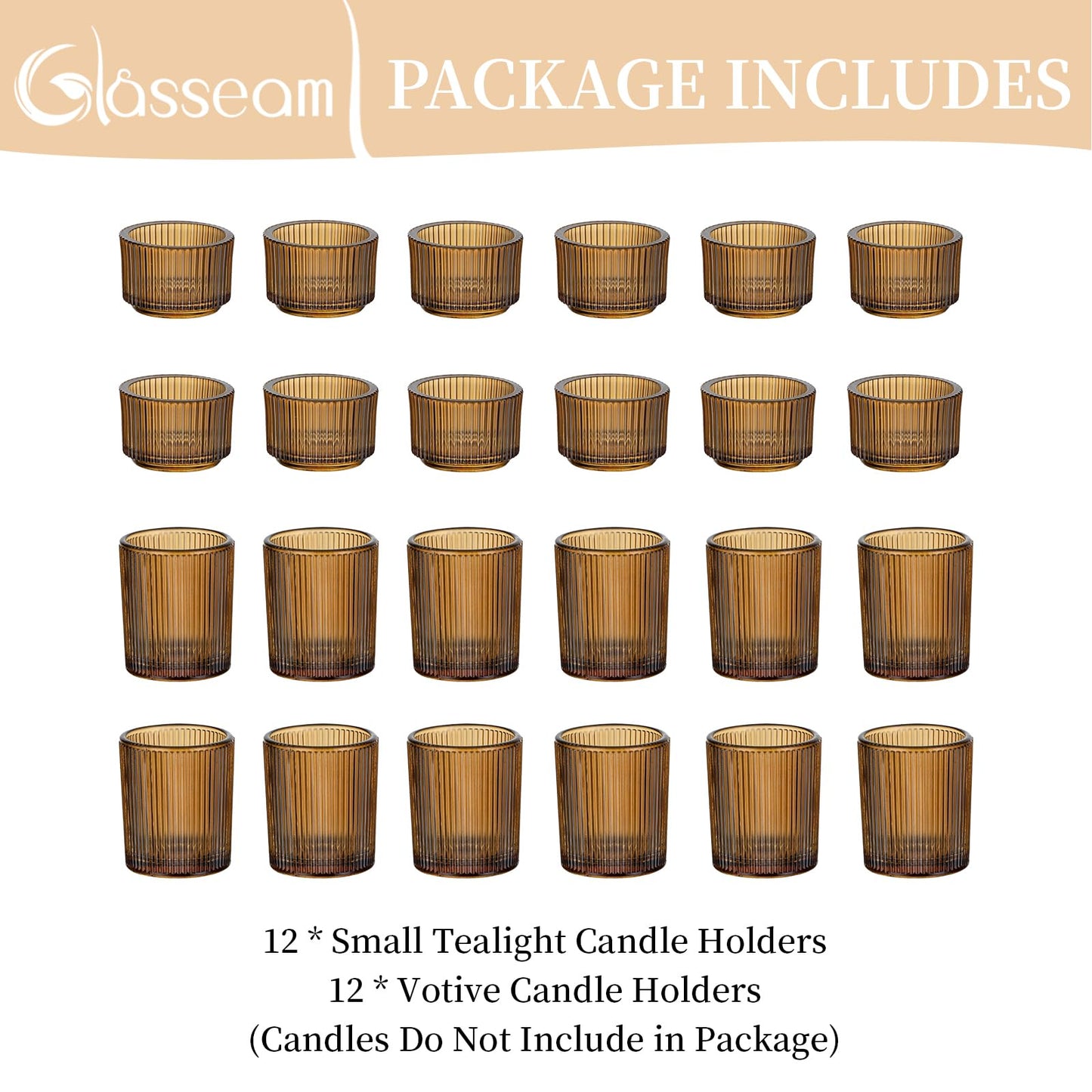 Glass Votive Tealight Candle Holder: Glasseam Amber Ribbed Tea Lights Candle Holder Bulk 24 Small Tea Candle Holder Fall Candle Holders for Table Centerpiece Thanksgiving Christmas Wedding Decor