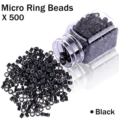 Duufin Hair Extensions Kit 500 Pcs Black Micro Ring Beads 1 Hair Extension Plier 2 Hook Needle Pulling Loop 4 Plastic Alligator Hair Clips 1 Comb and 2 Bags Black Mini Rubber Hair Elastic