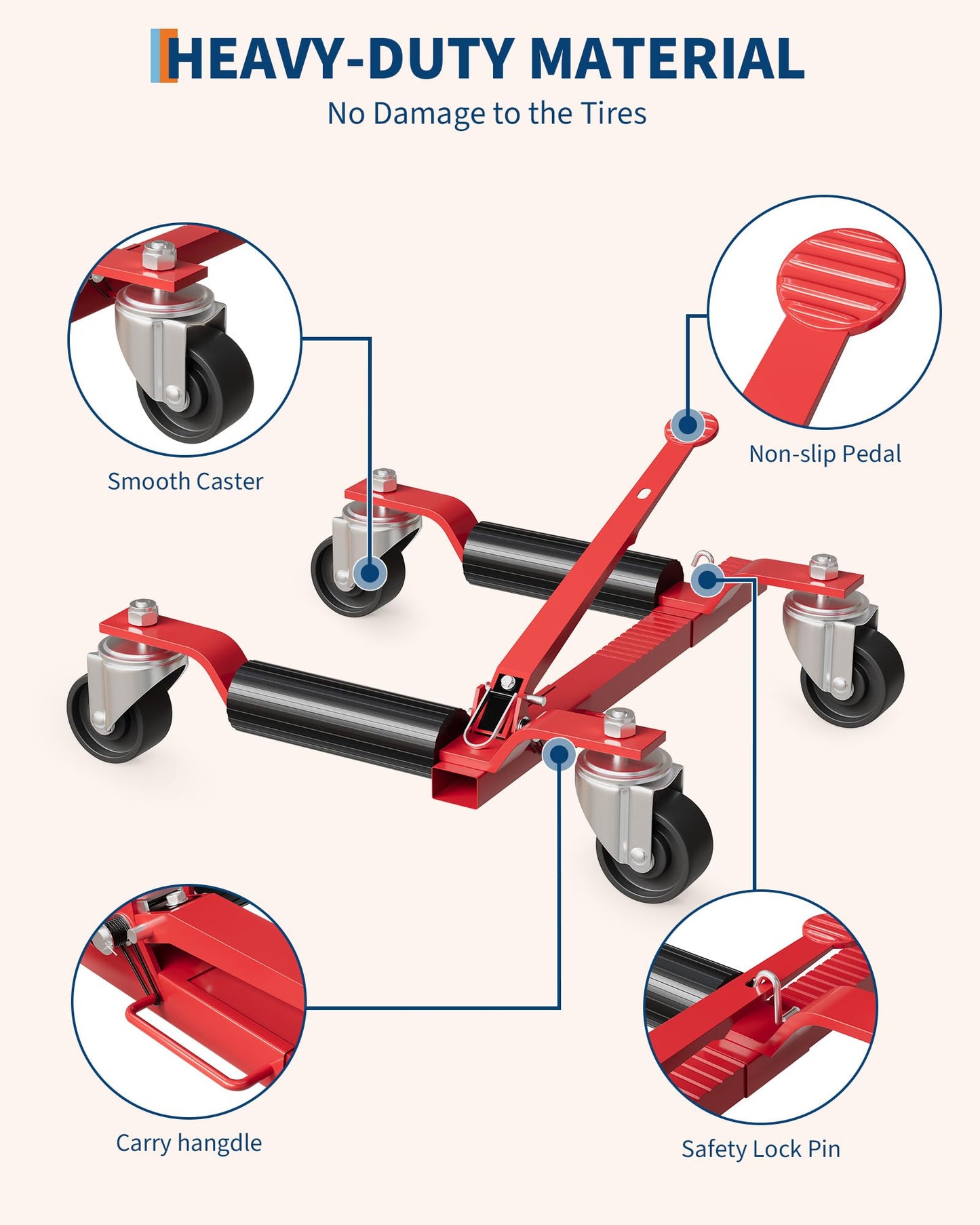2 Pack 6000 LBS Heavy Duty Car Wheel Dolly Jack Set, Mechanical Vehicle Tire Positioning Mover with Ratcheting Foot Pedal, Auto Repair Moving Kit for Garage Workshop, Red