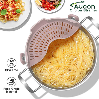 AUOON Clip On Strainer Silicone for All Pots and Pans, Pasta Strainer Clip on Food Strainer for Meat Vegetables Fruit Silicone Kitchen Colander