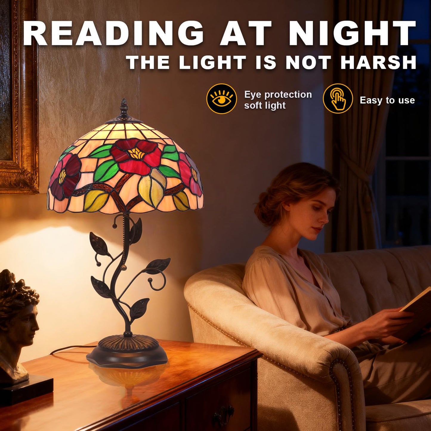 TFNALNB Tiffany Table Lamp, Stained Glass Crabapple Flower Design, with Metal Leaf Base, 12x12x19 Inch for Bedroom, Living Room, Home, Office