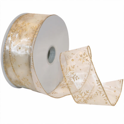 Morex Snowflake 2.5" X 50 YD Nylon Sheer Wired Glitter Ribbon in Ivory/Gold