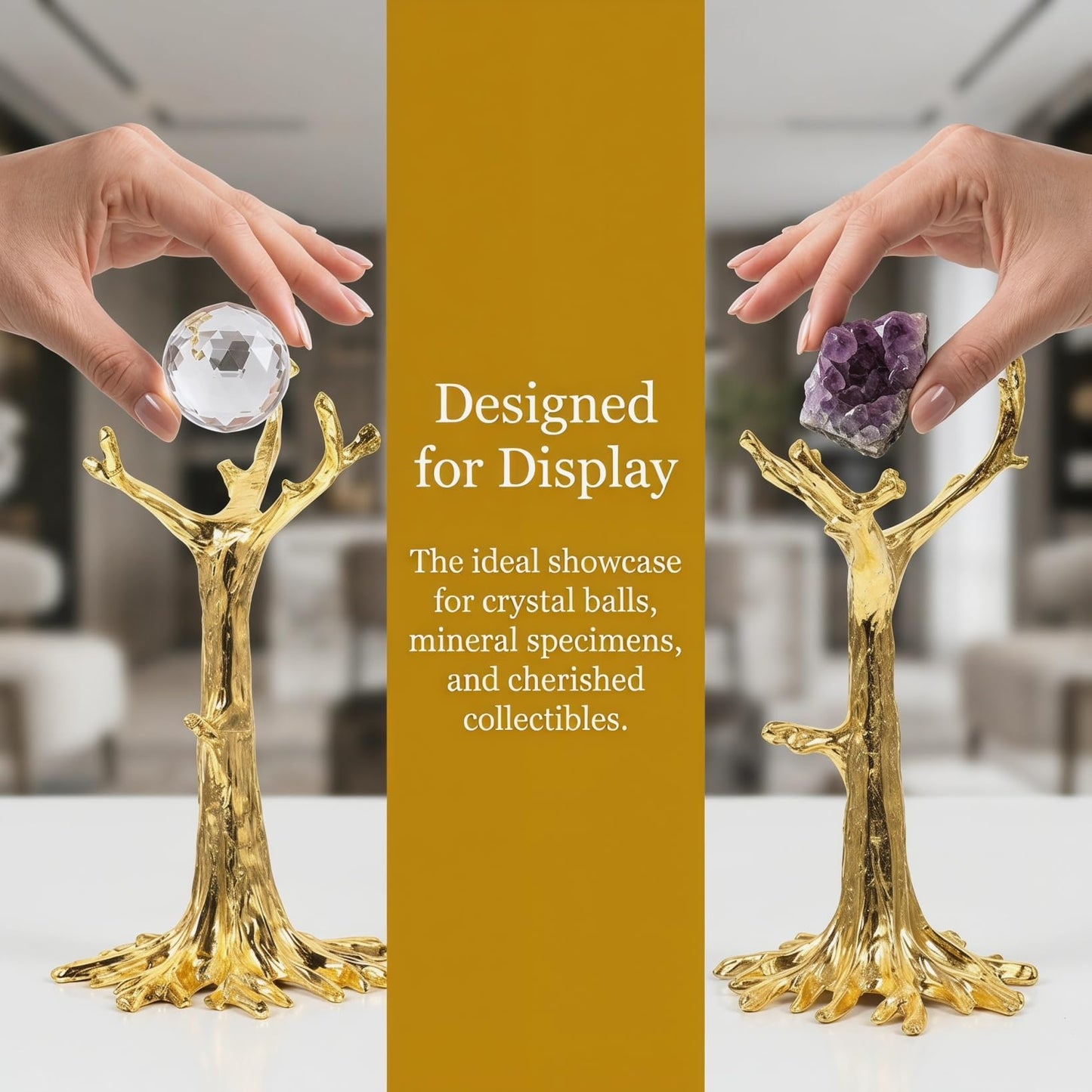 HOMSFOU Gold Tree Branch Metal Sphere Holder for Crystal Ball and Mineral Specimen, Tabletop Ornament Rack for Small Collectibles and Home Decor