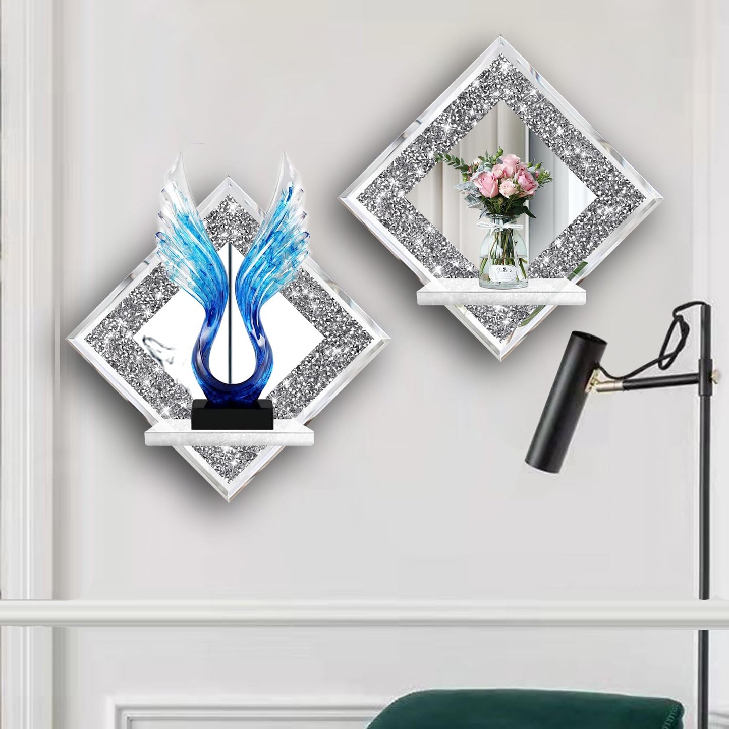 ZOLAPI Crystal Crush Diamond Wall Candle Holder Set of 2, Diamond Silver Mirrored Candle Sconces, Home Wall Decoration for Living Room, Dining Room & Bedroom.
