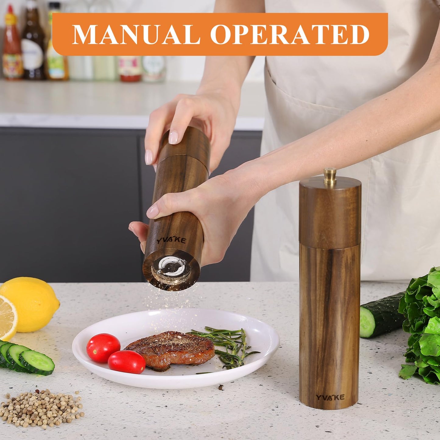 Yvake Wooden Salt and Pepper Grinder Set,8 Inch Manual Salt and Pepper Mill, Adjustable Coarseness and Refillable,Acacia Wood Pepper Grinder for your kitchen[Set of 2]