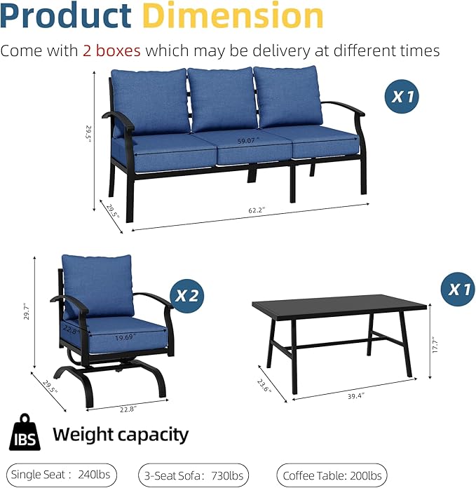 ALAULM 4 Piece Patio Furniture Set, Outdoor Metal Patio Furniture