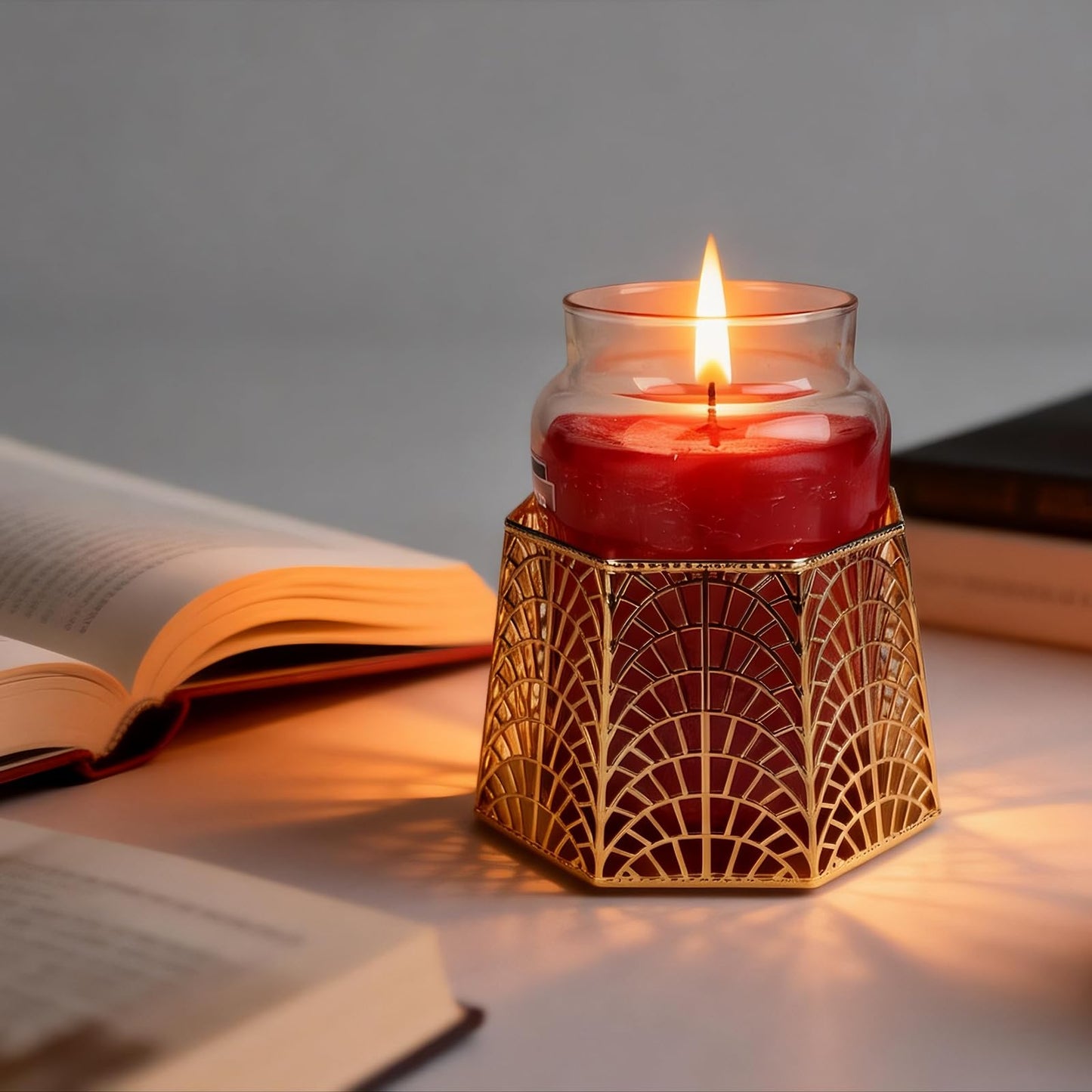 Dorephine 3 Wick Candle Holder, Golden Shell Design Candle Jar Holder for 4-Inch Diameter Jars (5.25" D x 3.5" H) (Golden)