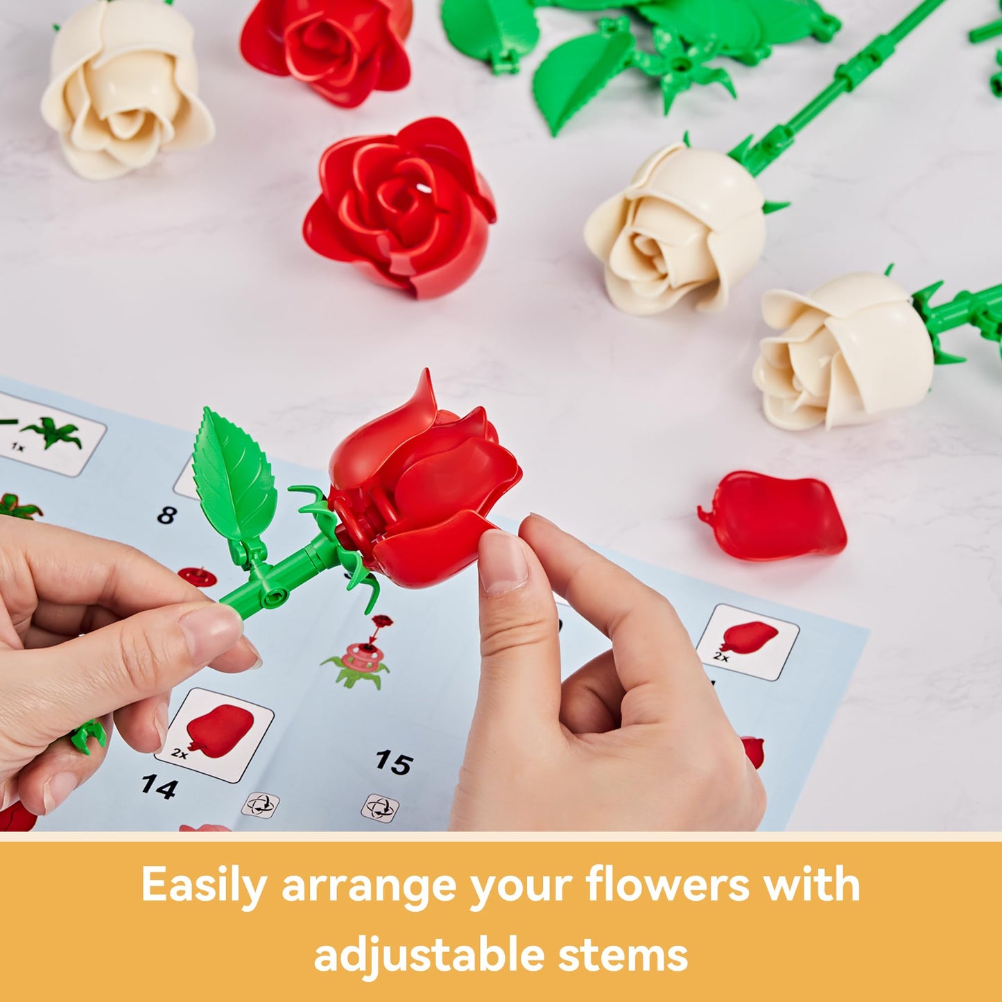 EWED Rose Flower Bouquet Building Set: Artificial Flowers Botanical Collection Blocks Kit for Women Girls Wife Adults Home Decor Thanksgiving Christmas Mother's Day Valentine's Gifts 6-Pack