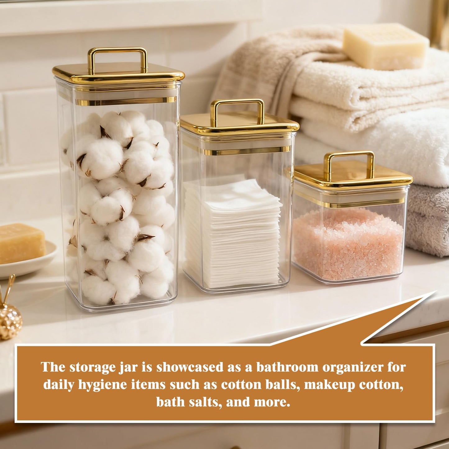 Clear Acrylic 3-Pack Apothecary Jars with Gold Lids Airtight Decorative Containers for Bathroom, Kitchen & Home Elegant Canisters for Cotton Pads, Bath Salts & Snacks